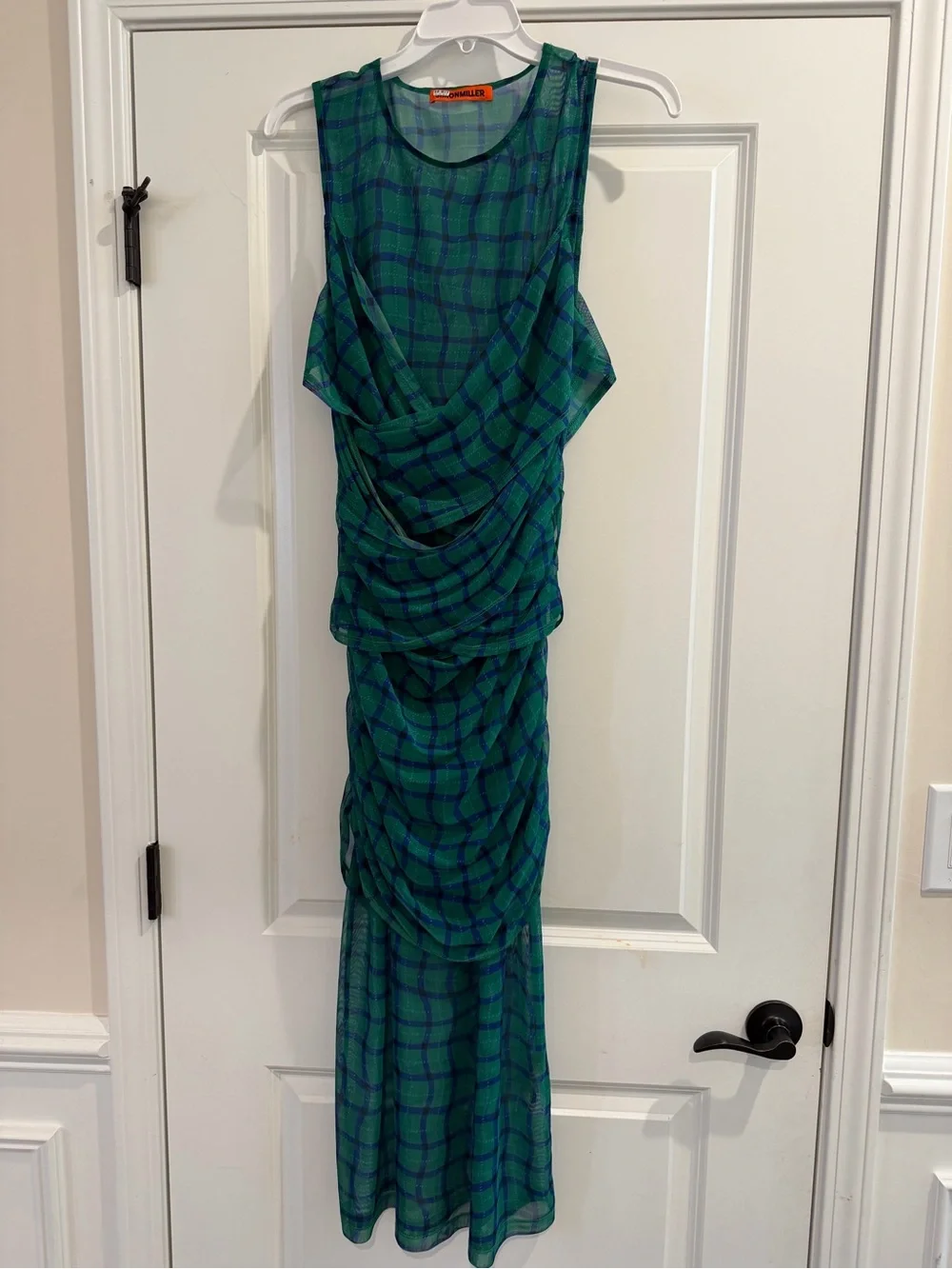 Simon Miller Kinny Ruched Plaid Mesh Midi Dress Anthropologie Green Blue- Size L - Picture 9 of 13